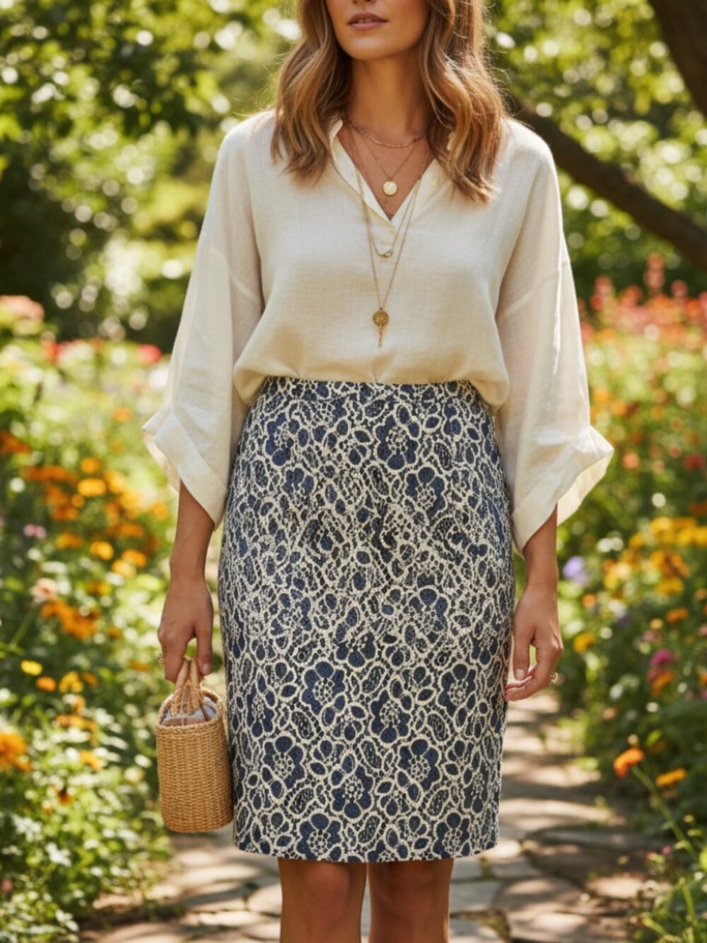 Halogen 8 Pencil Skirt Blue Cream Floral Lace Boho Career Cottage Academia Retro